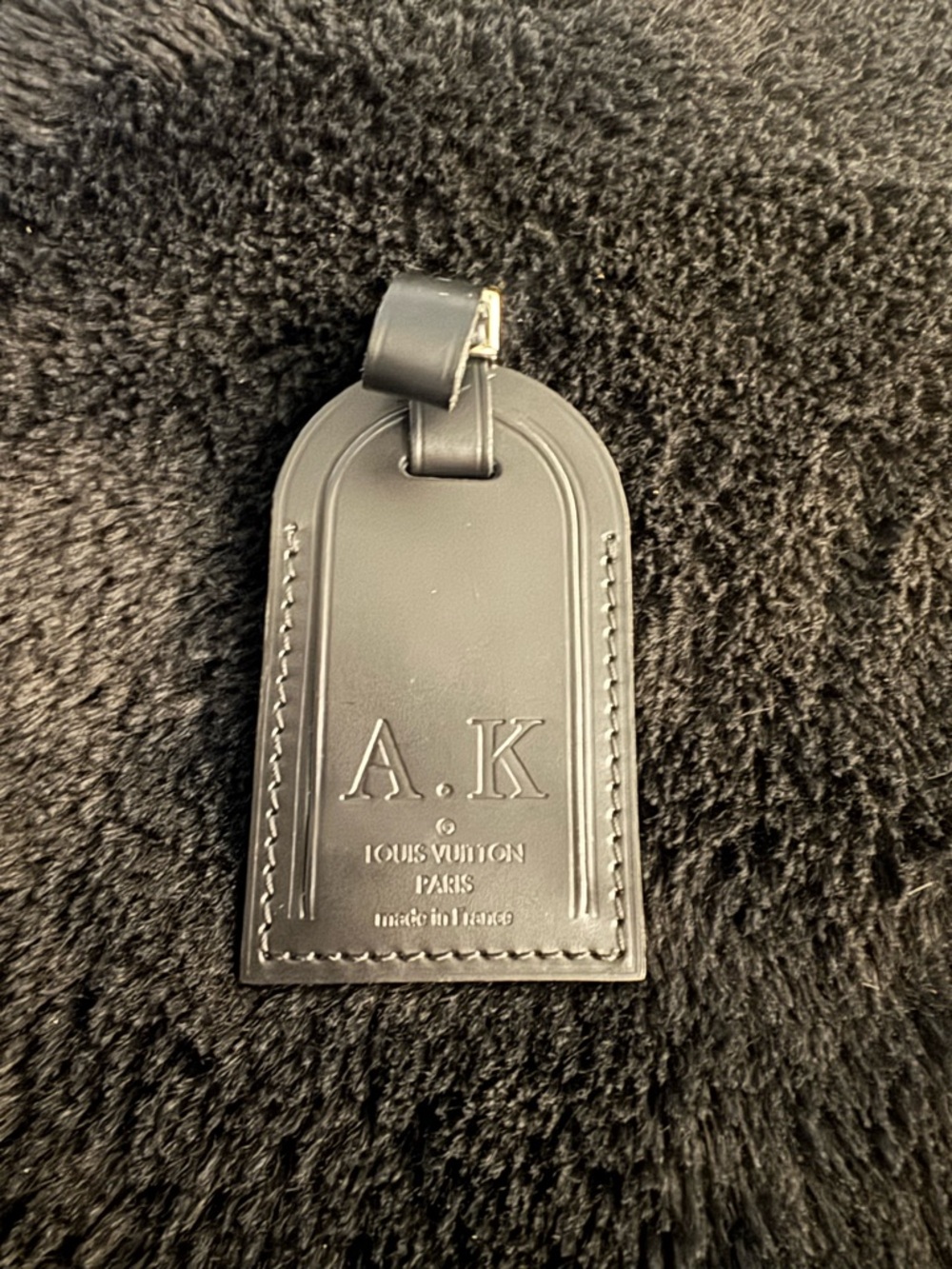 Louis Vuitton Black Leather Luggage Tag with Embossed Initials
